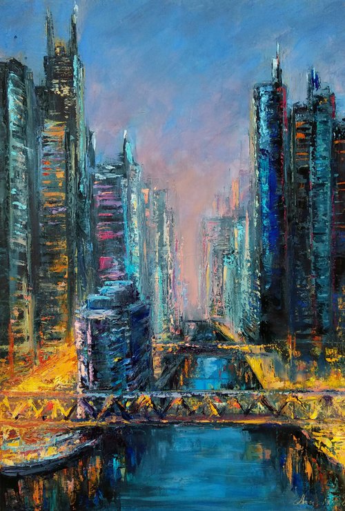 Chicago bridges Cityscape Streets and lights by Anastasia Art Line