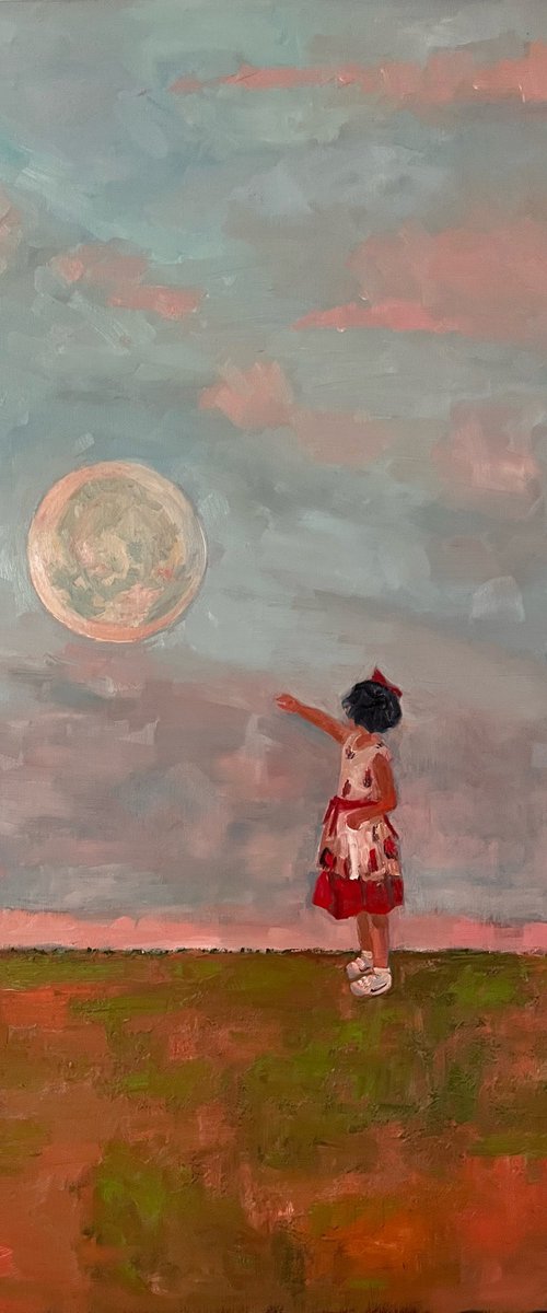 Touch the moon, oil, landscape painting by Padmaja Madhu