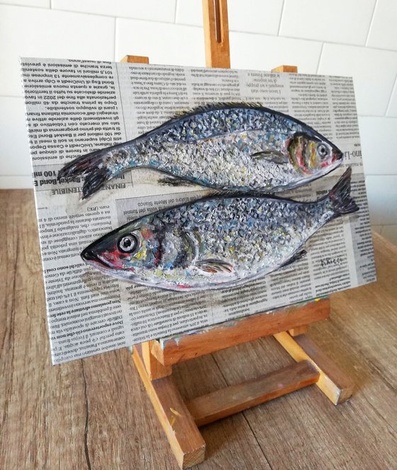 "Scaled Sea Brass Fishes on Newspaper" Original Oil on Canvas Board Painting 12 by 8 inches (30x20 cm)