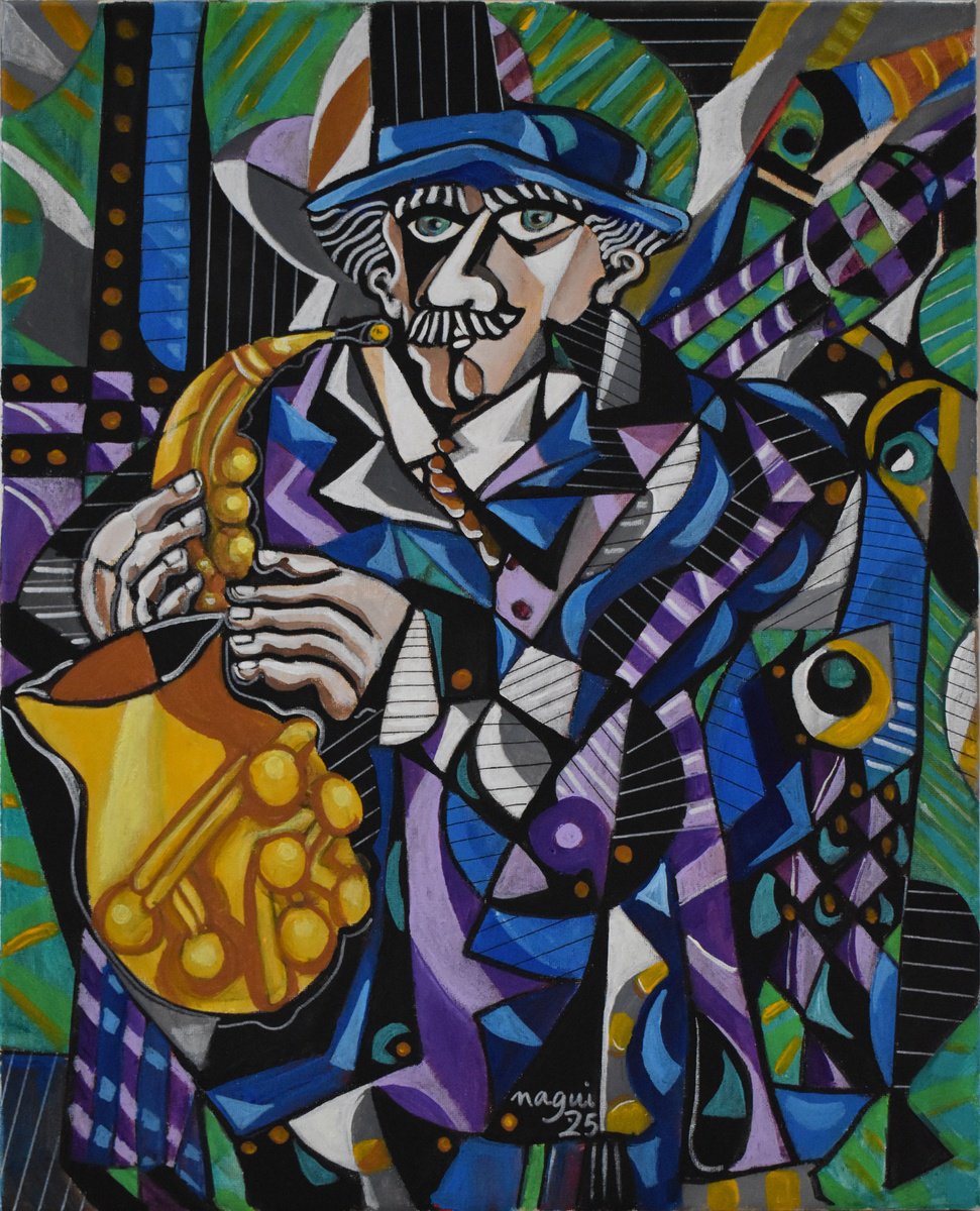 Expressive Portrait Acrylic Painting By Nagui, 16 X 20", Saxophone Player, Original Artwork