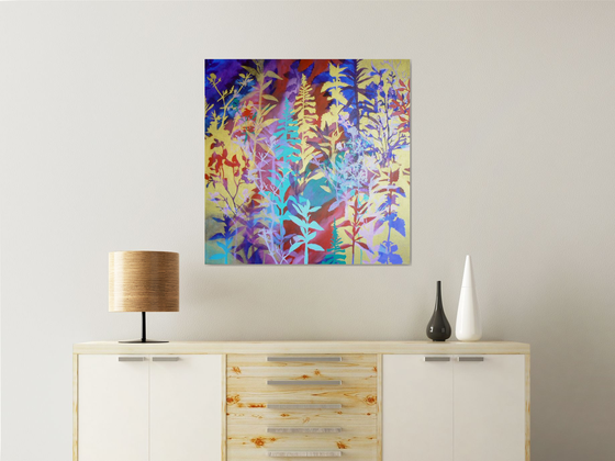 Chinoiserie  ( vibrant semi abstract flower painting with gold - ready to hang)