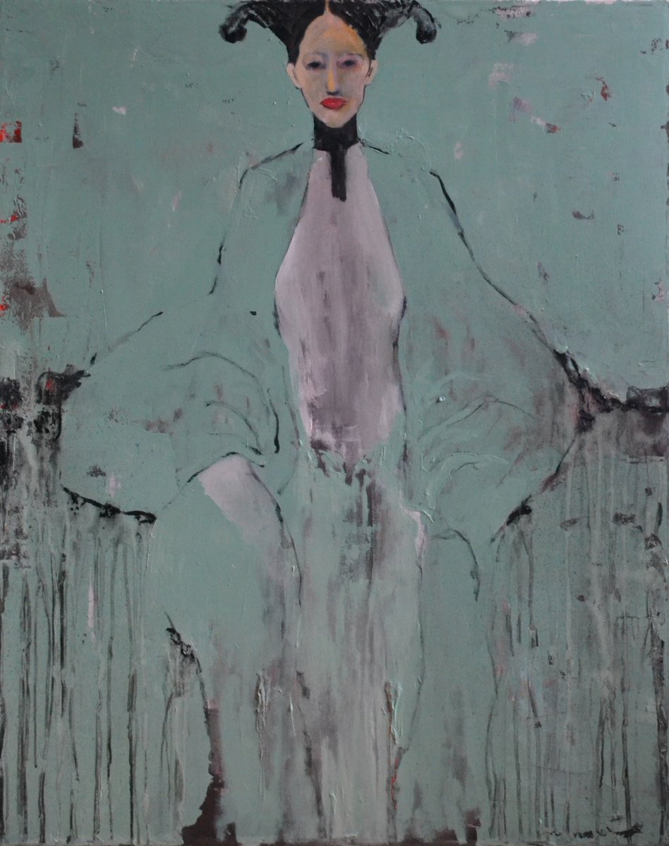 Abstract Portrait Painting By Gela Mikava, 31 X 39, The Card, Original Artwork