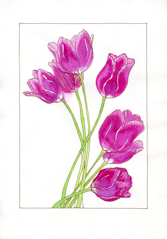 Tulips flowers mixed media illustration