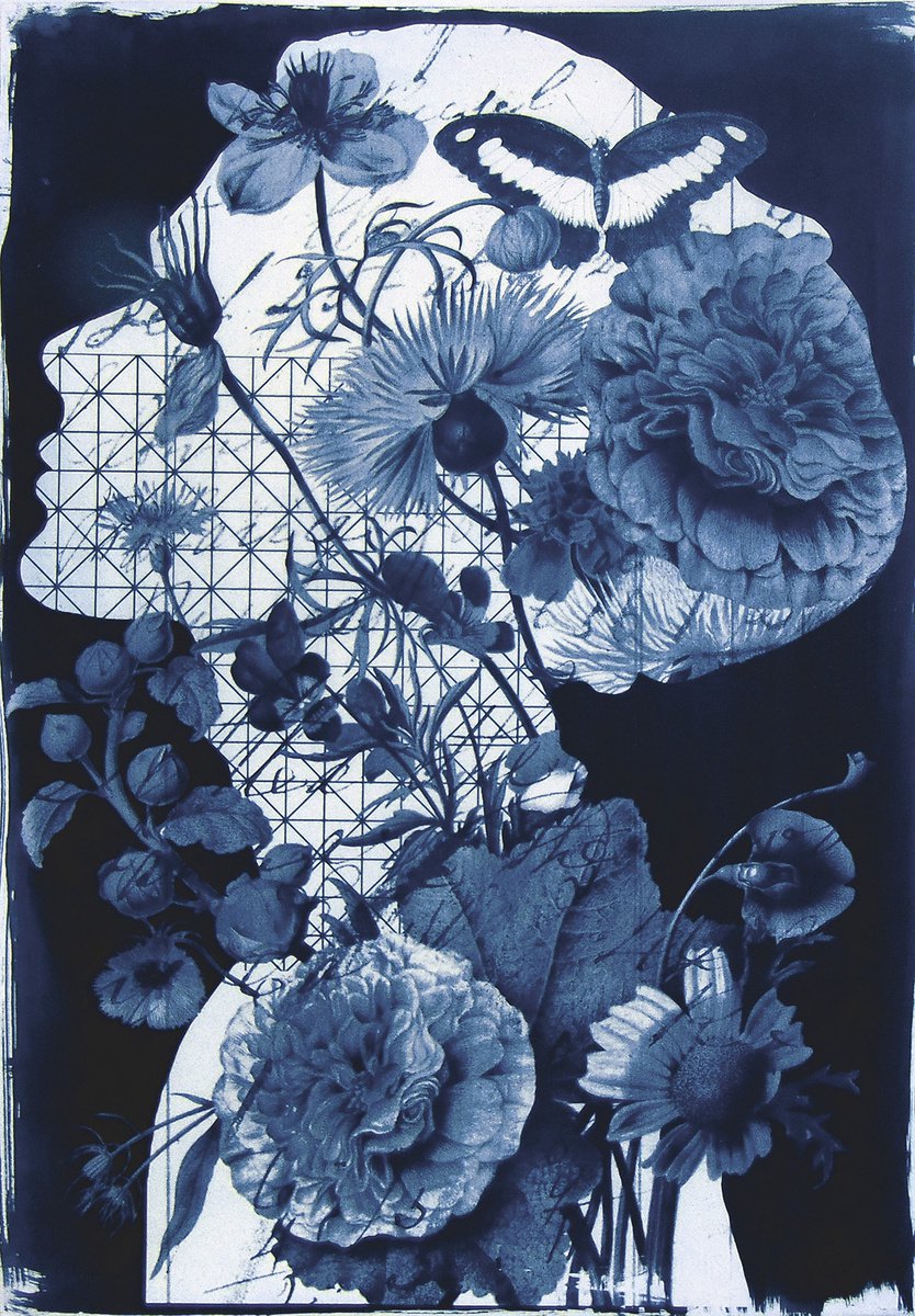 Surrealistic Botanical Print By Manel Villalonga, 17 X 24", Cyanotype 04 Portrait Bouquet, Original Artwork