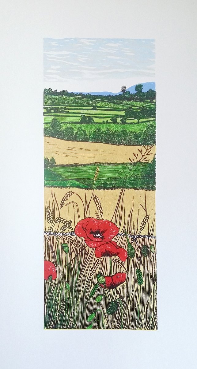 Poppies in the corn (landscape linocut) by Carolynne Coulson