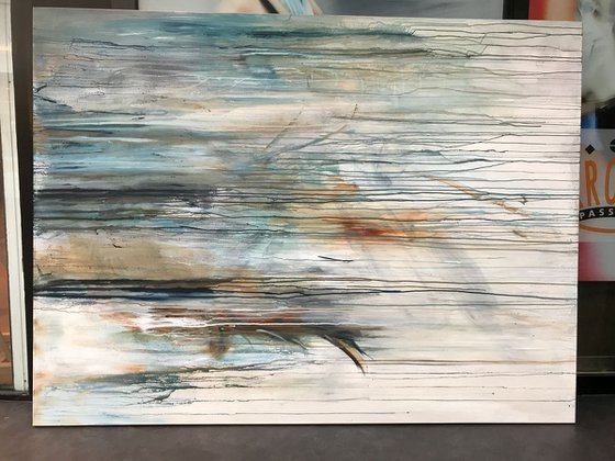 Modern interior design XXL painting, green, mint, blue, black, white, turquoise