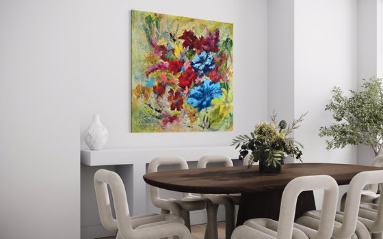 "A Kaleidoscope of Blossoms" from "Colours of Summer" collection, XXL abstract flower painting