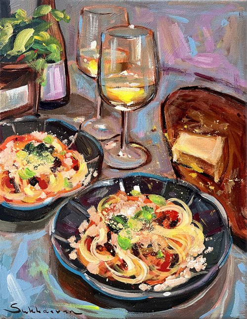 Still Life with Spagetti and White Wine by Victoria Sukhasyan