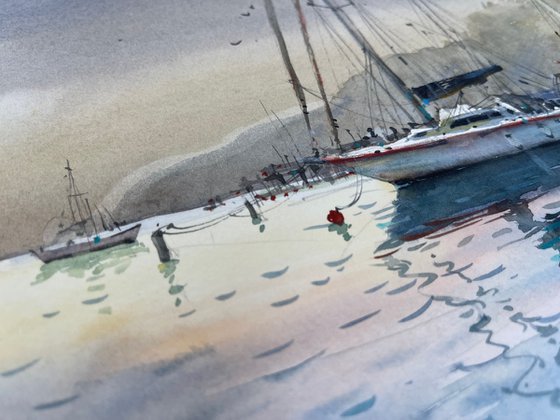 Yacht on the coast. Watercolor painting