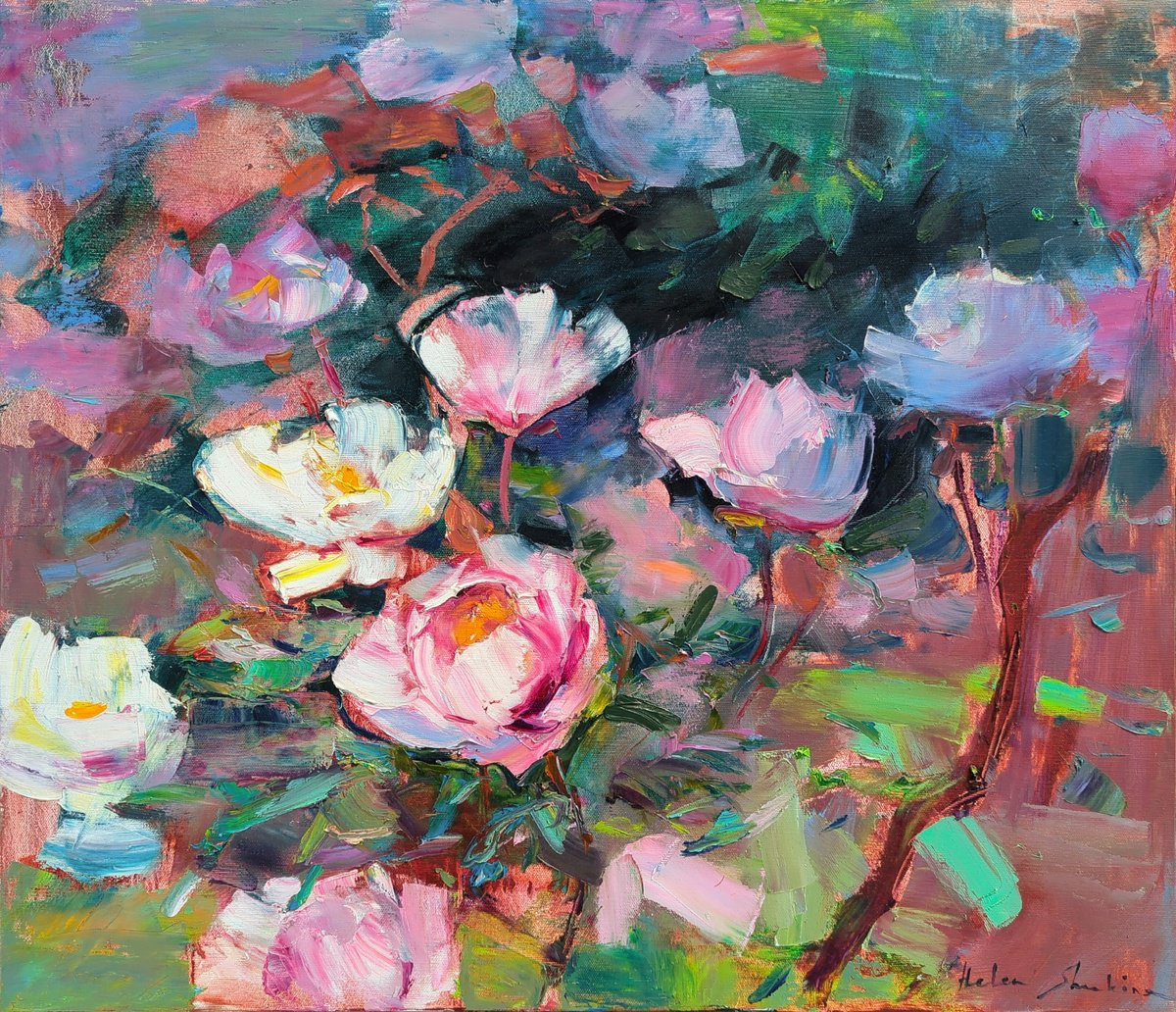 Impressionistic Botanical Oil Painting By Helen Shukina, 24 X 22, Peonies On Gray-Burgundy, Original Artwork