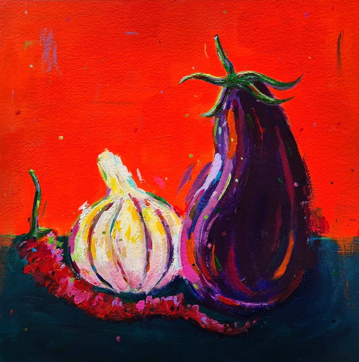  Chilli, Garlic, Aubergine By Dawn Underwood, 10 X 10, Artwork For Sale On Artfinder