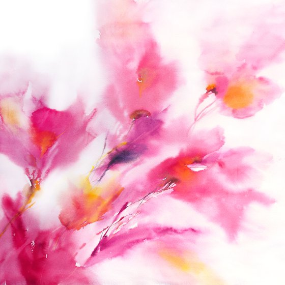 Pink abstract flowers, magenta watercolor floral painting