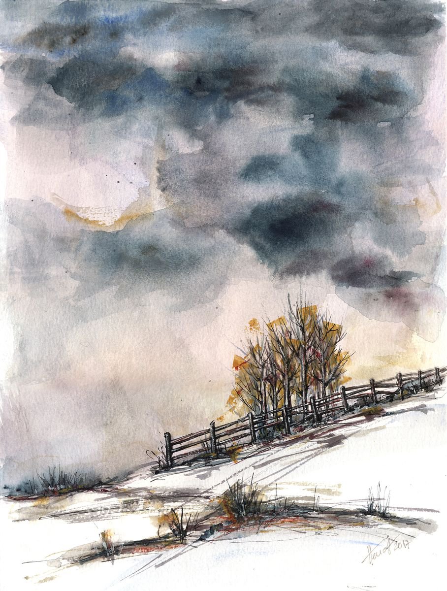 Winter is here - original watercolor painting by Aniko Hencz