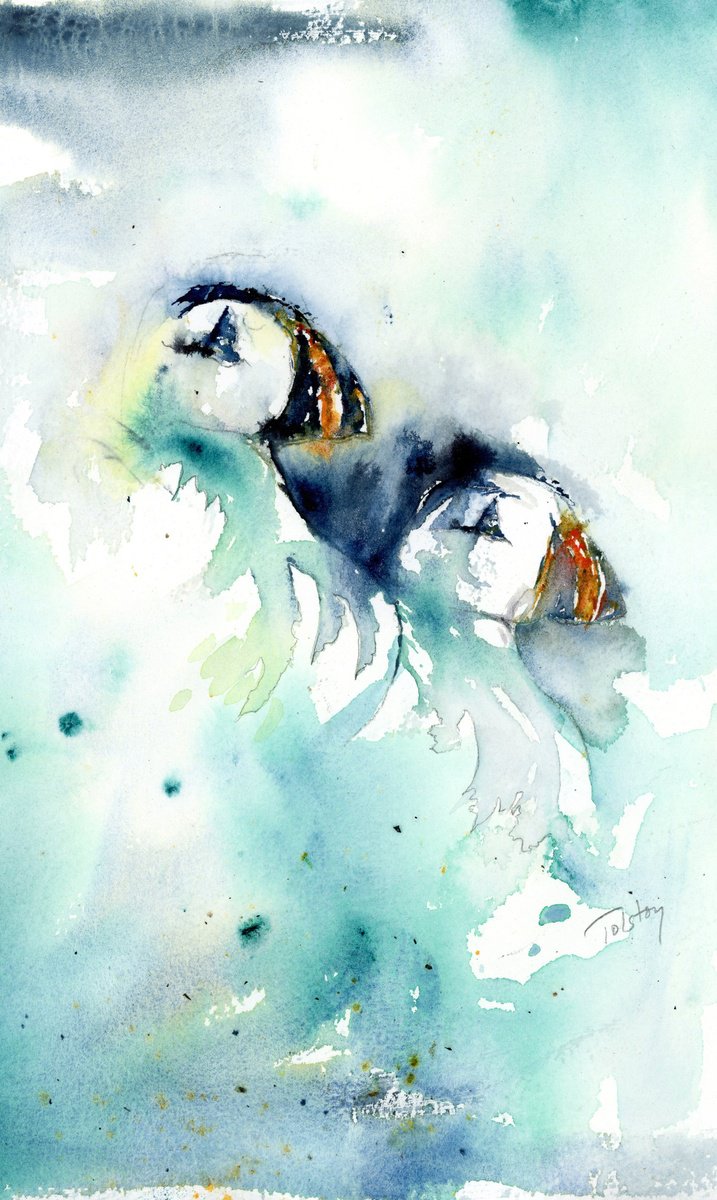 Impressionistic Animal Watercolour By Alex Tolstoy, 7 X 12, Two Puffins, Original Artwork