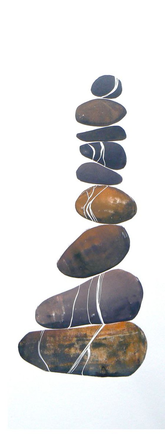 Zen stones - Nine stones  (banded balancing stones lino/monoprint)