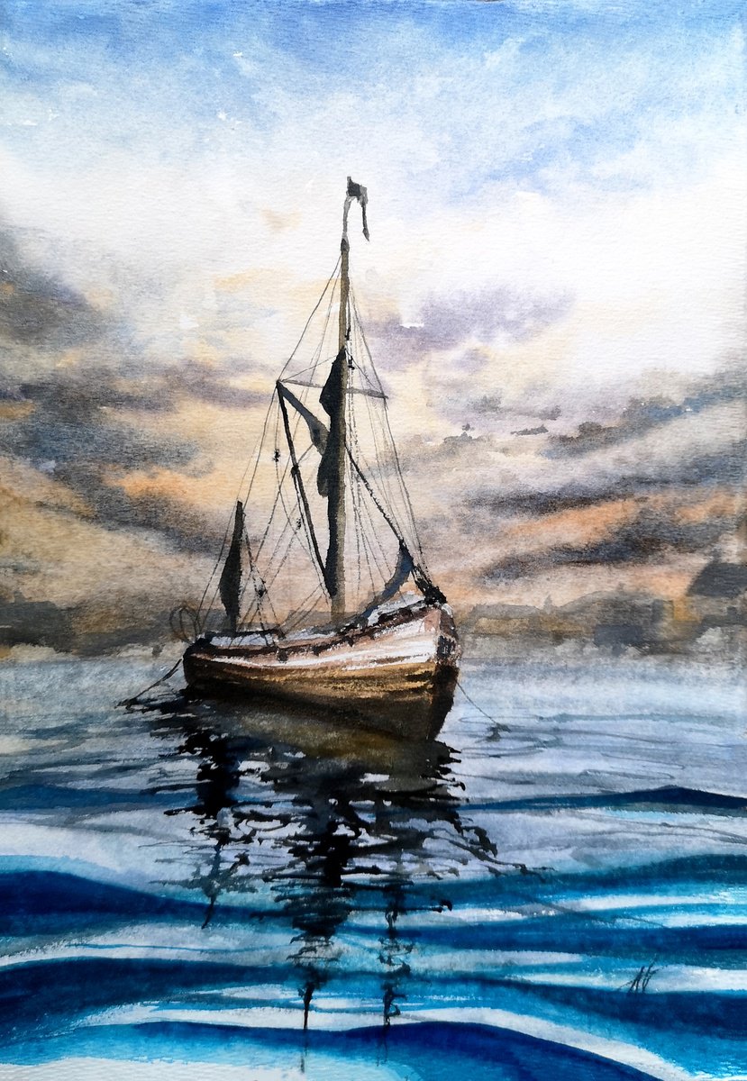 Impressionistic Landscape Watercolour By Aneta Gajos, 9 X 12, On The Sea, Original Artwork