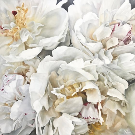 Large square oil painting with white peonies 90 * 90 cm