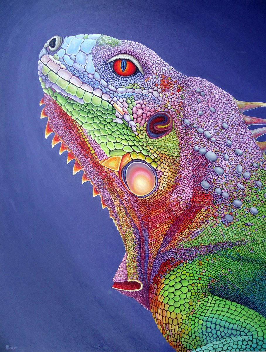 Photorealistic Animal Oil Painting By Grigor Velev, 35 X 44, Iguana Iii, Original Artwork