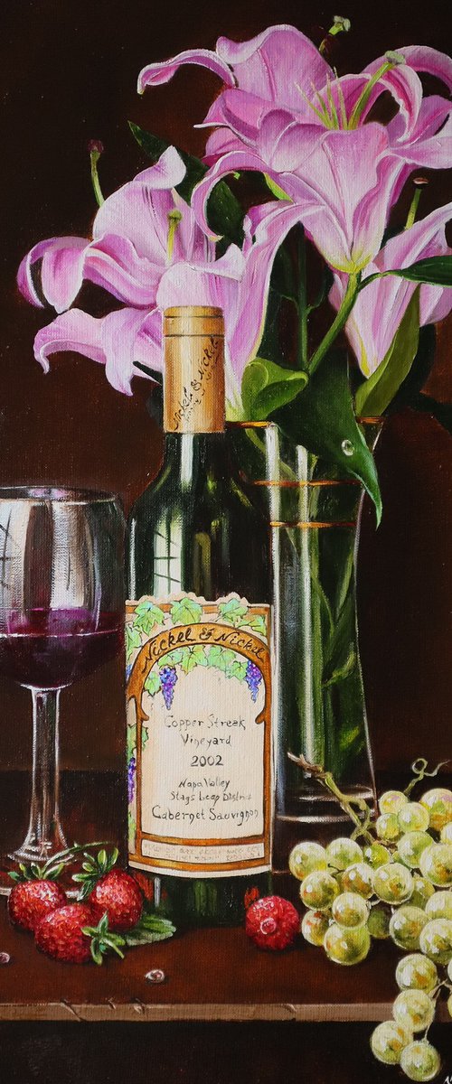 Pink Lillie’s and Wine Bottle by Natalia Shaykina