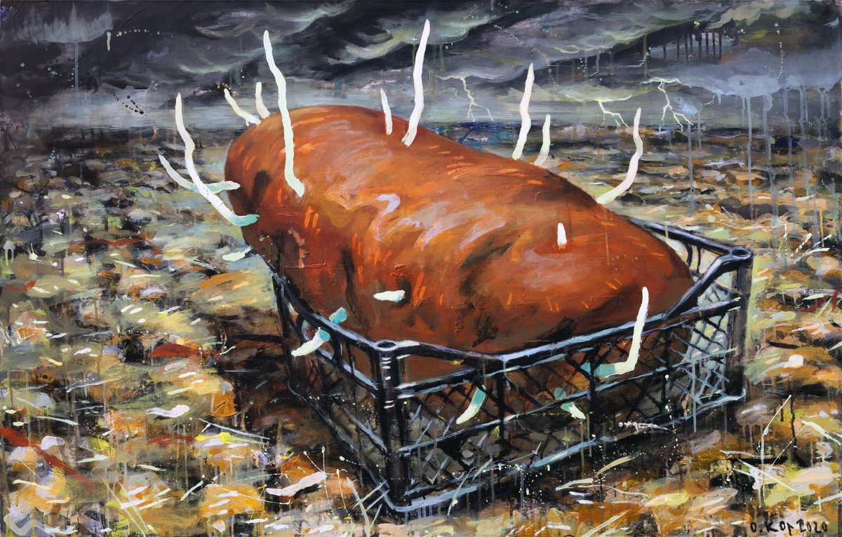 Expressive Landscape Acrylic Painting By Oleksandr Korol, 55 X 35", Landscape With Potato, Original Artwork