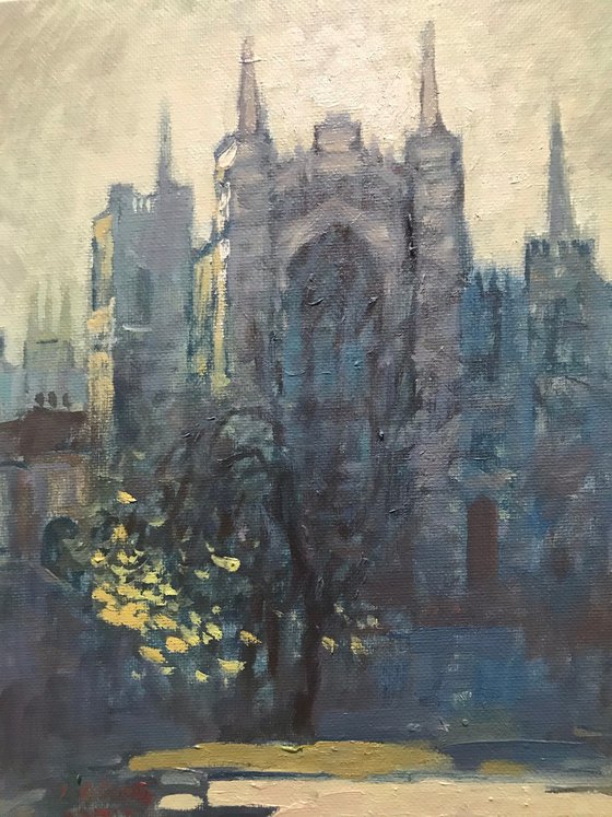 Original Oil Painting Wall Art Signed unframed Hand Made Jixiang Dong Canvas 25cm × 20cm Landscape Twilight Serenade at York Minster Small Impressionism Impasto