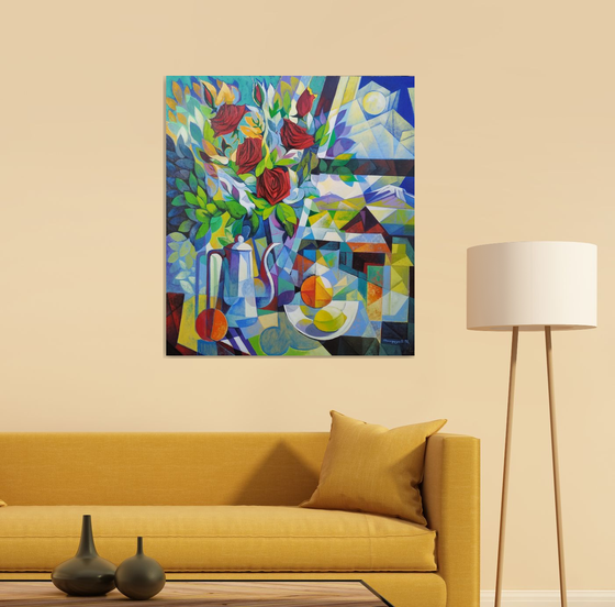 Still life with roses (80x90cm, cubism, oil painting, ready to hang)