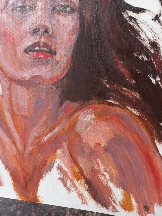 Passion. Woman oil portrait, etude, impressionistic painting, female contemporary art