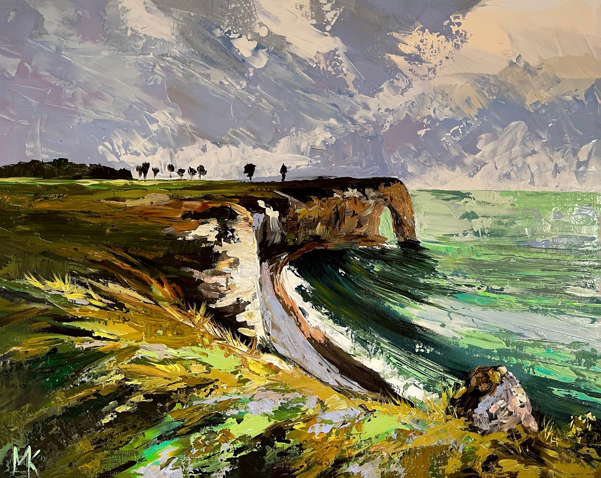 Impressionistic Landscape Acrylic Painting By Maria Kireev, 31 X 25", Rocks In Etretat, Original Artwork