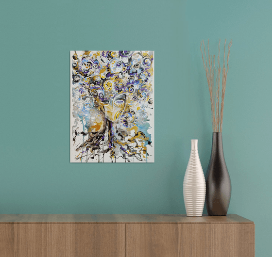 Family tree, mix media, watercolor on paper with acrylic, yellow, lilac color, gold, white, blue, black