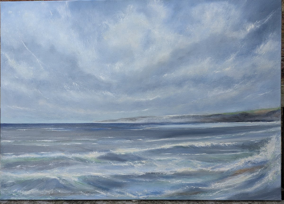 Impressionistic Landscape Oil Painting By Sarah Louise Armstrong, 36 X 26", Mother Of Pearl Filey, Original Artwork