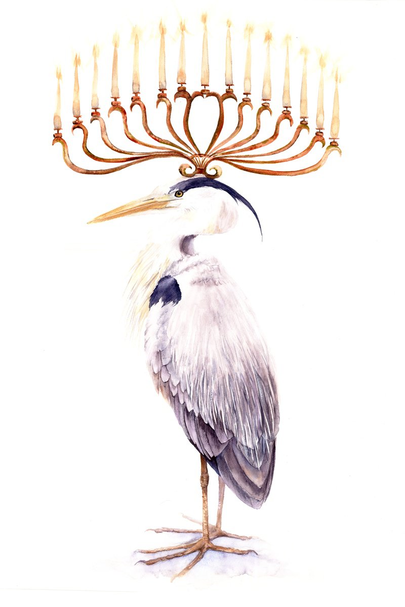 Surrealistic Animal Watercolour By Tetiana Savchenko, 20 X 28", Heron Bird & Golden Candelabra, Original Artwork