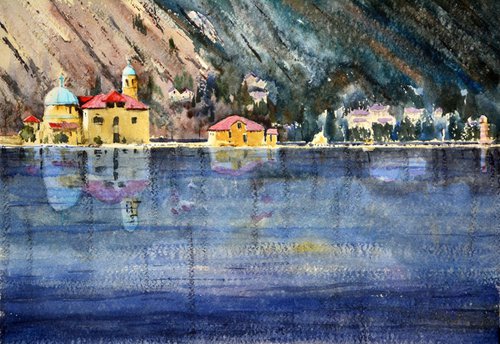 Church on island near Perast, Montenegro - original art by Nenad Kojić by Nenad Kojić watercolorist