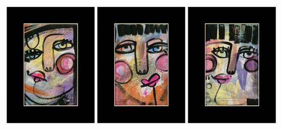 Funky Face Collection 6 - 3 Mixed Media Collage Paintings by Kathy Morton Stanion