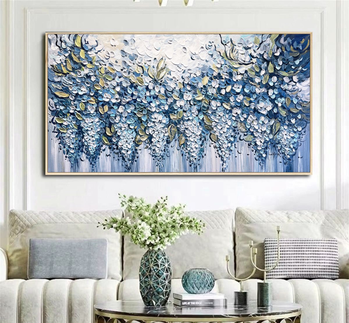 Abstract Botanical Acrylic Painting By Lana Guise, 49 X 25", Wisteria Cascade, Original Artwork