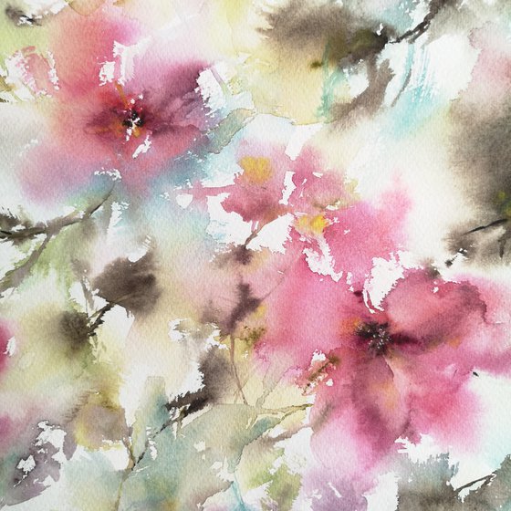 Pink flowers, watercolor painting