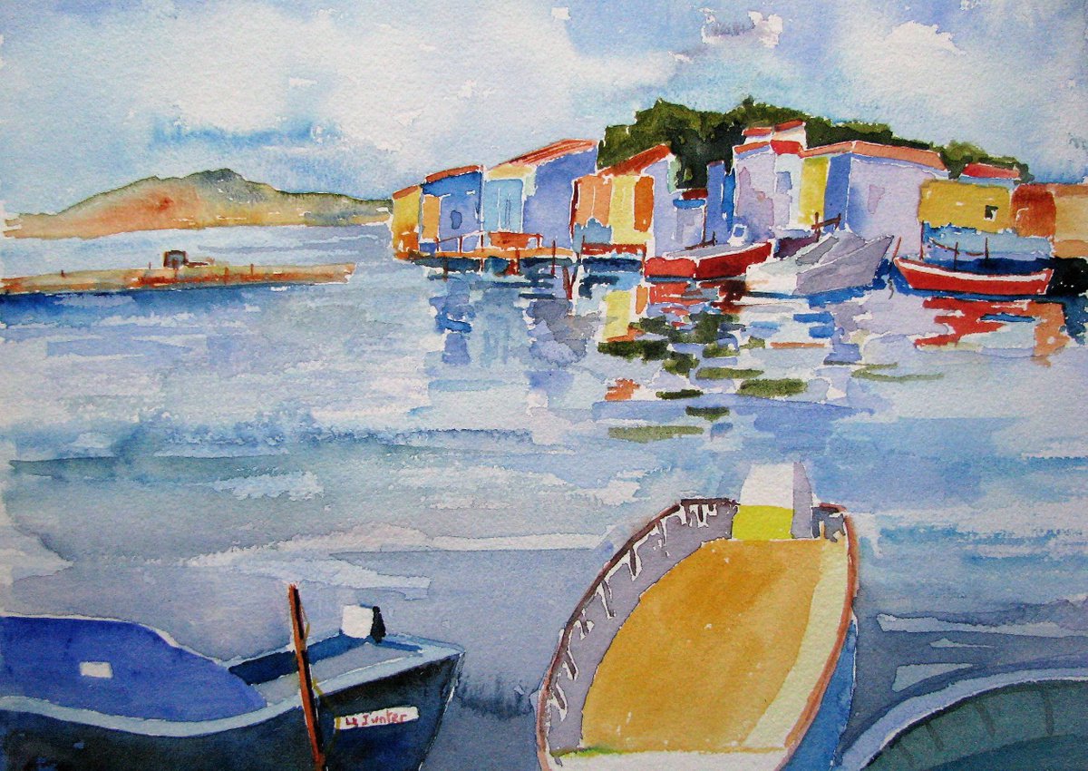 Impressionistic Landscape Watercolour By Jean-Noel Le Junter, 21 X 17, Mediterranean Harbour, Original Artwork