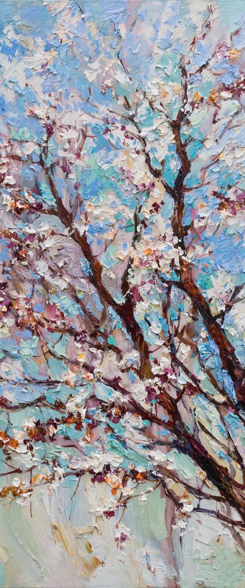 Flowering apricot tree Original oil painting by Anastasiia Valiulina