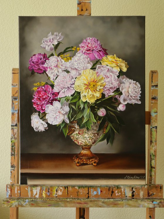 Peonies in a ornate vase