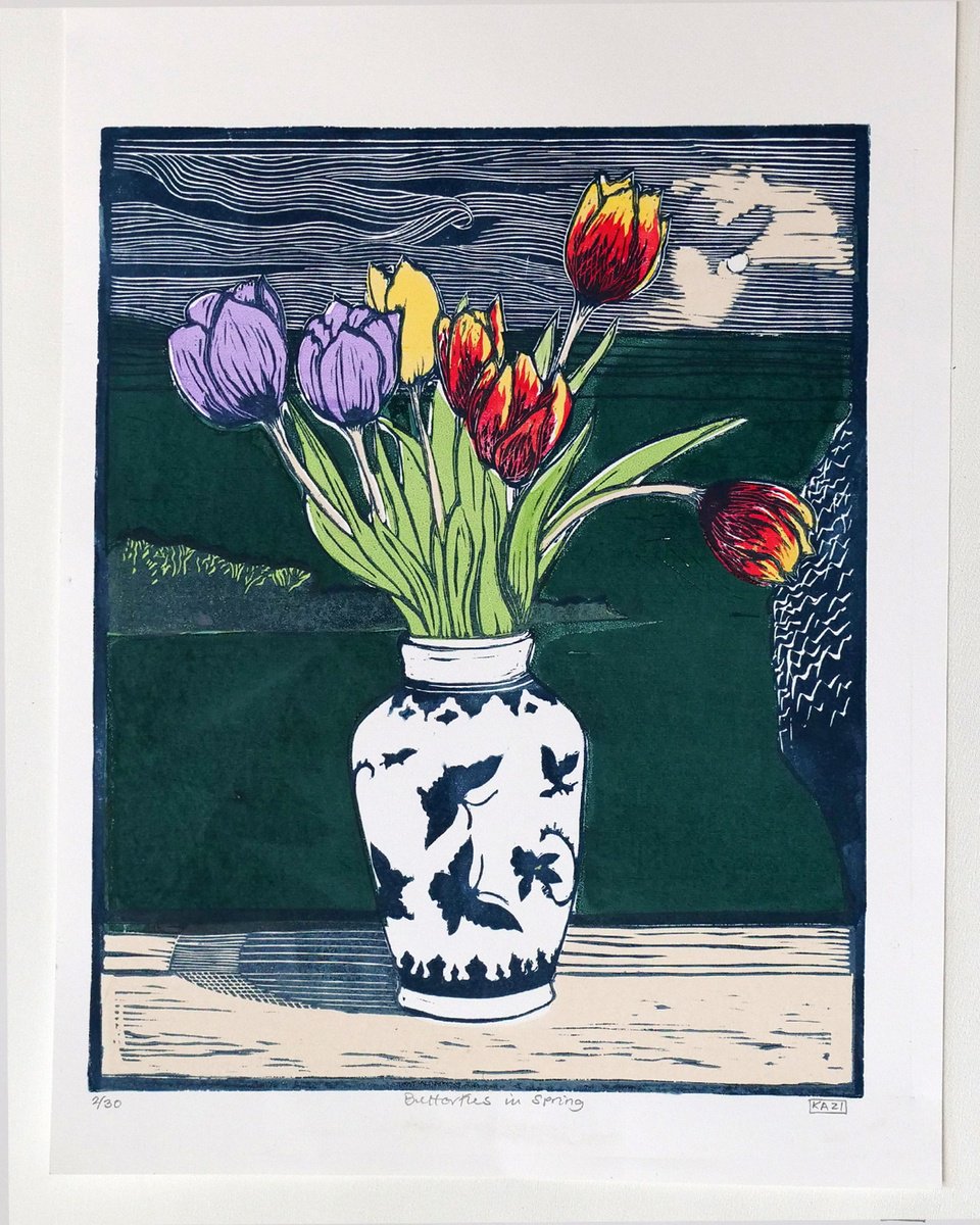 Illustrative Still Life Linocut By Keith Alexander, 20 X 24", Butterflies In Spring, Original Artwork