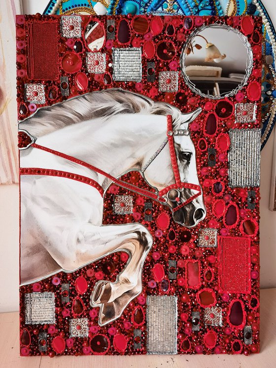 Decisive leap. A white racehorse