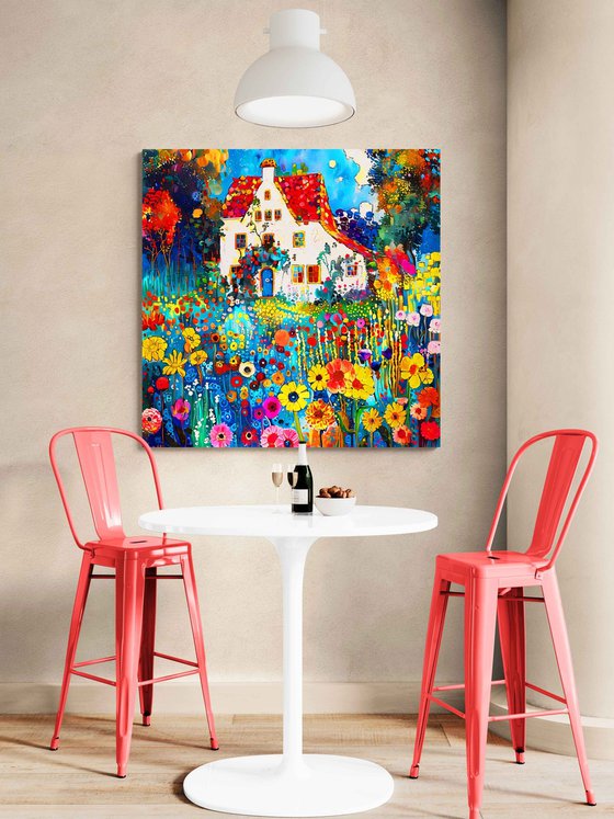 Sunny day with cozy house in colorful garden. Bright impressionistic fairytale floral landscape fantasy flowers. Hanging large positive relax naive fine art for home decor, inspiration by Matisse and Klimt