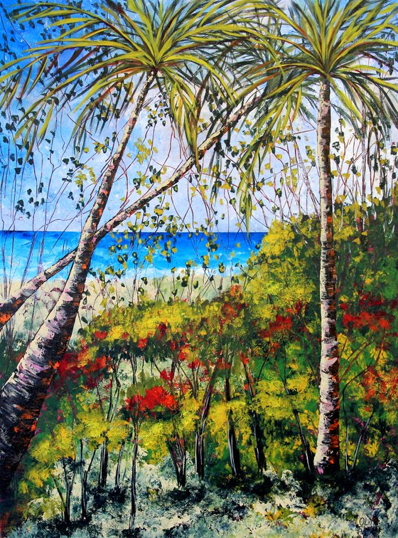 Palm tree beach painting Medium-sized impressionistic landscape, sea and sky acrylic paintings  by Olya Shevel