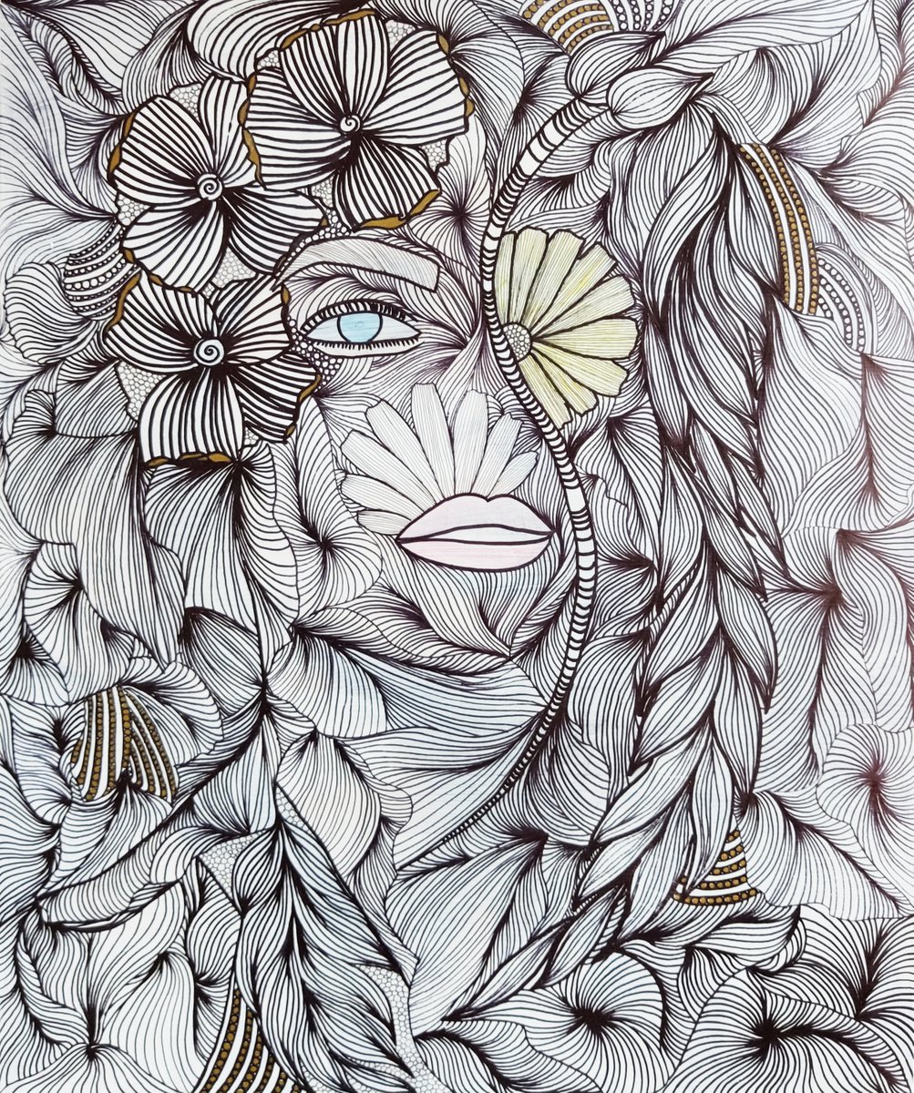 Merger - permanent marker drawing on paper image of nature face woman original gift home d... by Olga Sennikova