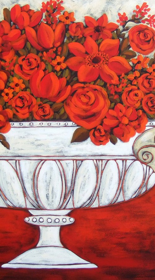 Red Bouquet with White Vase by Karen Rieger
