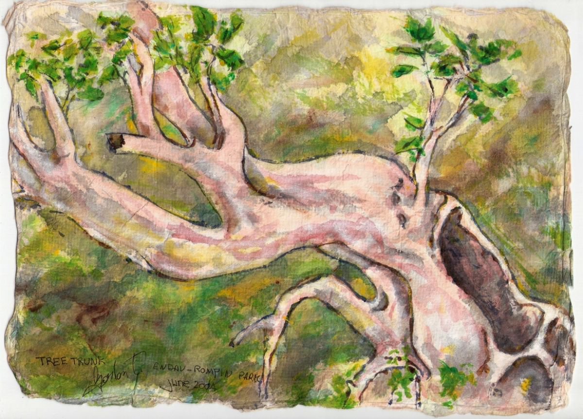 Impressionistic Botanical Painting By Gordon T., 11 X 8, Tree Trunk, Original Artwork