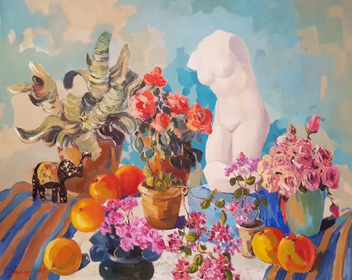 Flowers with a statue- One of a kind by Hrachya Hakobyan
