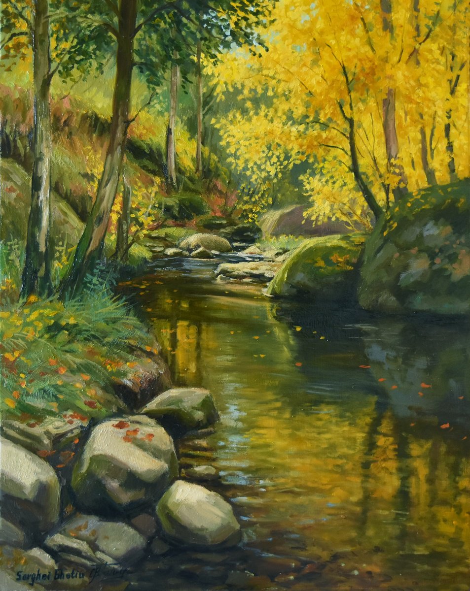 Impressionistic Landscape Oil Painting By Serghei Ghetiu, 16 X 20", The Autumn Forest, Original Artwork