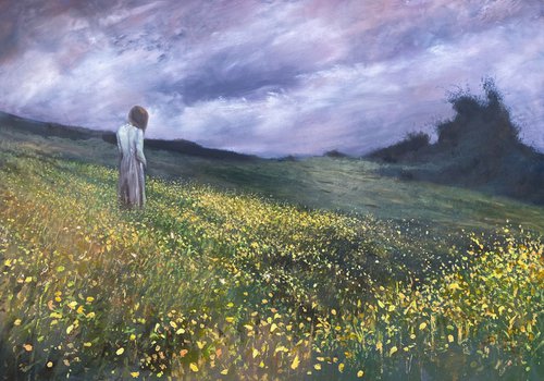 'Figure in a Landscape with Spring Flowers' Impressionistic, Surreal, Figurative Large Oil Painting by Simon Jones