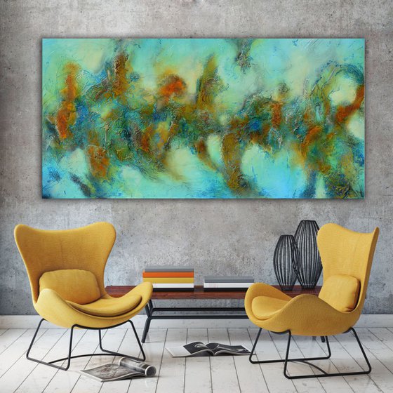 After the Storm - large blue and brown long abstract textural painting