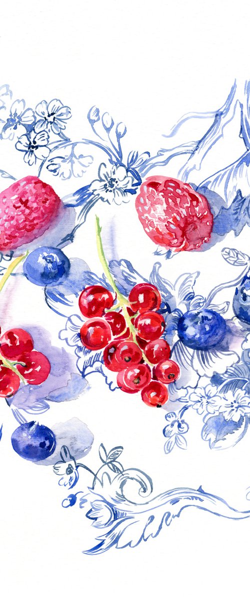 Berries on the blue pattern by Daria Galinski